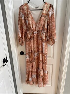 Rust and Cream V-Neck Patchwork Maxi Dress